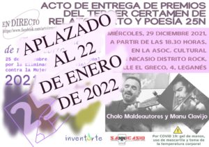 Ven a la entrega de premios del III Certamen de Relato Corto y Poesía 25N el 29 de diciembre en el Distrito Rock de San Nicasio a las 18:30.