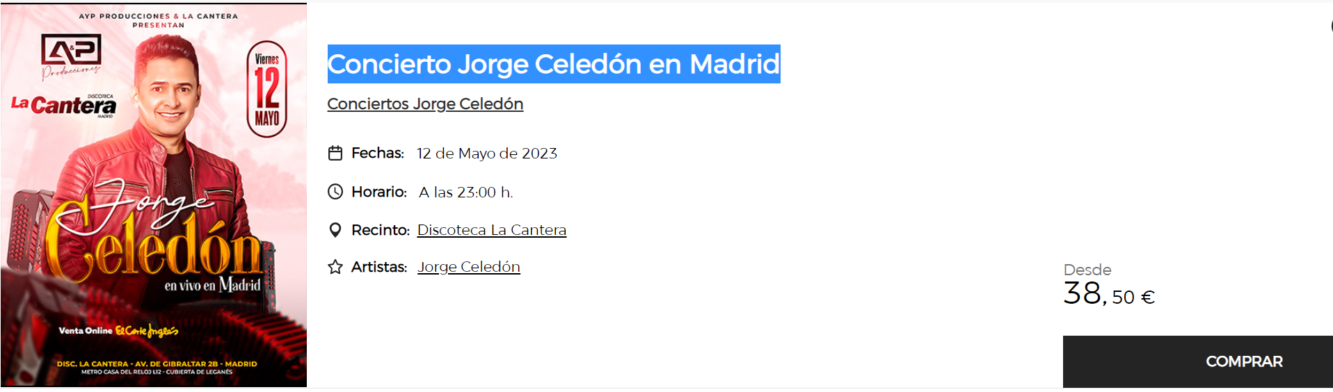 COMPRAR entradas para el Concierto Jorge Celedón en Madrid