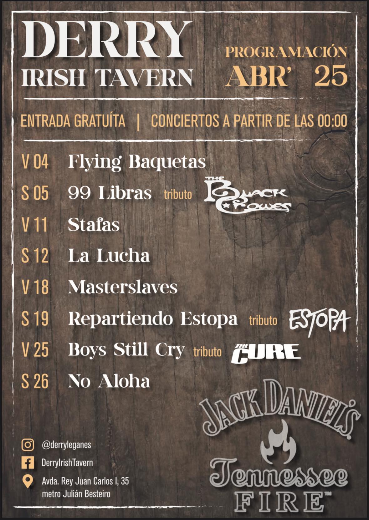 Conciertos en Derry Irish Tavern – Programación abril 2025
