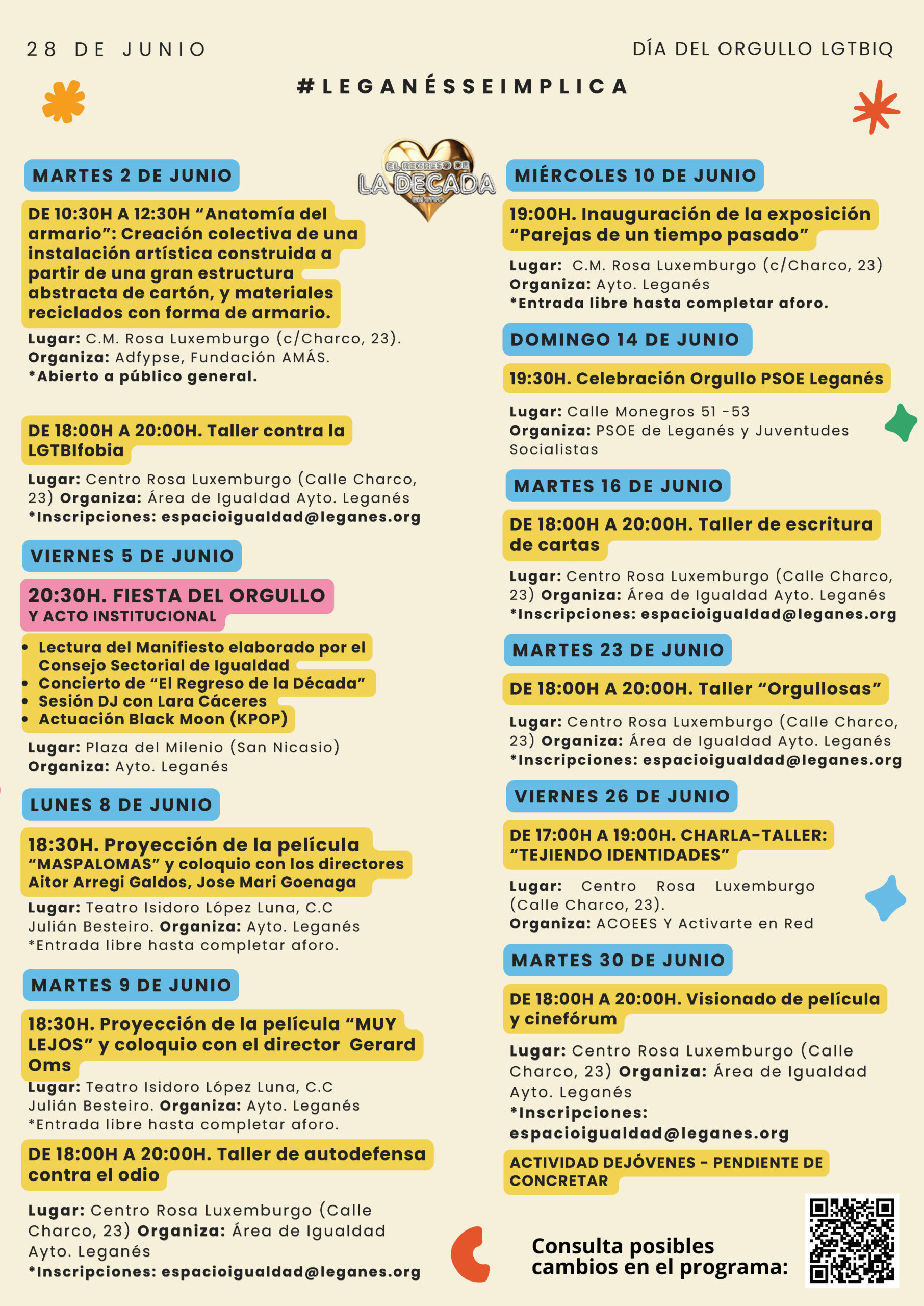 Leganés vuelve a abrir un año más la programación de "Orgullo en Comunidad" (MADO26) en toda la región
IGUALDAD 

El acto institucional será el viernes 5 de junio con actuaciones de grupos como ‘El Regreso de la Década’ y ‘KPOP Blue Moon’, la lectura del manifiesto del Consejo Sectorial de Igualdad y la entrega del premio Legaynés.
Durante todo el mes, del 2 al 30 de junio, habrá talleres de sensibilización, de autodefensa, la exposición fotográfica “Parejas de un tiempo pasado” y proyecciones de películas con coloquio.
“Leganés vive este día de una forma especialmente implicada y, además, este año volvemos a tener un papel destacado al abrir el Orgullo en la Comunidad de Madrid. De alguna manera, somos los pregoneros de un mes entero de actividades que conciencian, sensibilizan y también celebran una diversidad de la que nuestra ciudad forma parte y se siente orgullosa”, ha argumentado la concejala de Igualdad, Almudena A. Jiménez. 
Por tercer año consecutivo el Ayuntamiento de Leganés, a través de las Delegaciones de Igualdad y Juventud (Dejóvenes), ha preparado un nutrido programa para celebrar “Orgullosamente” el Día Internacional del Orgullo LGTBIQ, en colaboración con otras áreas y con Legaynés (Asociación de Lesbianas, Gays, Transexuales, Bisexuales e Intersexuales del sur de Madrid). Leganés volverá a abrir la programación de la plataforma ‘Orgullo en Comunidad’ (MADO’26) en toda la región el viernes 5 de junio con un acto central en la Plaza del Milenio con actuaciones de grupos como ‘El Regreso de la Década’ y ‘KPOP Blue Moon’, la lectura del manifiesto del Consejo Sectorial de Igualdad y la entrega del premio Legaynés. 

La concejala de Igualdad y Juventud, Almudena A. Jiménez, ha detallado que “Leganés vive este día de una forma especialmente implicada y, además, este año volvemos a tener un papel destacado al abrir el Orgullo en la Comunidad de Madrid. De alguna manera, somos los pregoneros de un mes entero de actividades que conciencian, sensibilizan y también celebran una diversidad de la que nuestra ciudad forma parte y se siente orgullosa”. 

Acto central con ‘El Regreso de la Década’ 

Almudena A. Jiménez ha explicado que “desde el Ayuntamiento de Leganés y la Delegación de Igualdad seguimos insistiendo en la necesidad de conmemorar el 28J reivindicando el derecho de todas las personas a vivir la vida que quieran vivir, en libertad, con dignidad y sin miedo. Pero también queremos celebrar los avances conseguidos, hacerlo con alegría y a través de una gran fiesta reivindicativa y participativa en la que, una vez más, los jóvenes de Leganés tendrán un papel protagonista junto a Legaynés”. 

Esta gran fiesta se llevará a cabo en el acto central, que este año se celebrará el viernes 5 de junio a las 20:30 horas en la Plaza del Milenio, en el barrio de San Nicasio. Se abrirá el telón con la actuación del grupo de baile ‘KPOP Blue Moon’; chicos y chicas de Dejóvenes procederán a la lectura del Manifiesto aprobado por el Consejo Sectorial de Igualdad; se entregará el premio Legaynés a Federico Armenteros, presidente de la Fundación 26 de diciembre; y también intervendrán la concejala de Igualdad, Almudena A. Jiménez; y el alcalde de Leganés, Miguel Ángel Recuenco.  

Como colofón al acto, a partir de las 21:00 horas actuará ‘El Regreso de la Década’, el grupo que alcanzó el galardón en el Festival de Benidorm de 2006; y el cierre lo pondrá la actuación de DJ Lara Cáceres.  

Exposición “Parejas de un tiempo pasado” 

La concejala de Igualdad ha añadido que, “además, hemos preparado otras actividades que buscan sensibilizar a través del entretenimiento y la cultura, como la proyección y posterior coloquio de las películas Muy Lejos y Maspalomas, o una exposición sobre parejas LGTBI a través de la historia, entre otras propuestas”. 

La exposición lleva el título de "Parejas de un tiempo pasado" y ha sido impulsada por Pablo Peinado Céspedes, de la Asociación Cultural Visible, con imágenes de época desde mediados del siglo XIX hasta llegar a principios del siglo XXI. Se puede visitar del 1 al 30 de junio en el espacio de Igualdad del Centro Rosa Luxemburgo. 

Se trata de un conjunto de imágenes (en su mayoría originales y de parejas del mismo sexo) con las que buscan mostrar cómo ha evolucionado la representación de las parejas de gais y lesbianas en la historia de la fotografía. Son 29 fotografías de parejas de hombres y de mujeres, 16  de ellas anónimas y el resto con autoría. Entre los fotógrafos más reconocidos están Isabel Muñoz, Juan Hidalgo, Diana Mines, Bruce of Los Ángeles o Alfonso.  

Proyecciones de cine 

En cuanto al cine, se proyectará en el Teatro Isidoro López Luna (CC Julián Besteiro) la película “Maspalomas”, el 9 de junio a las 18:30 horas; y “Muy lejos”, el 22 de junio a las 18:30 horas.  

Más actividades y programa completo 

Entre el resto de actividades, se realizará una creación colectiva de una instalación artística construida de cartón y materiales reciclados; habrá talleres contra la LGTBIfobia, talleres de escritura, de autodefensa o charlas “orgullosas” y “tejiendo identidades”. Puedes consultar en este enlace el programa con todas las actividades de Orgullosamente 2026.