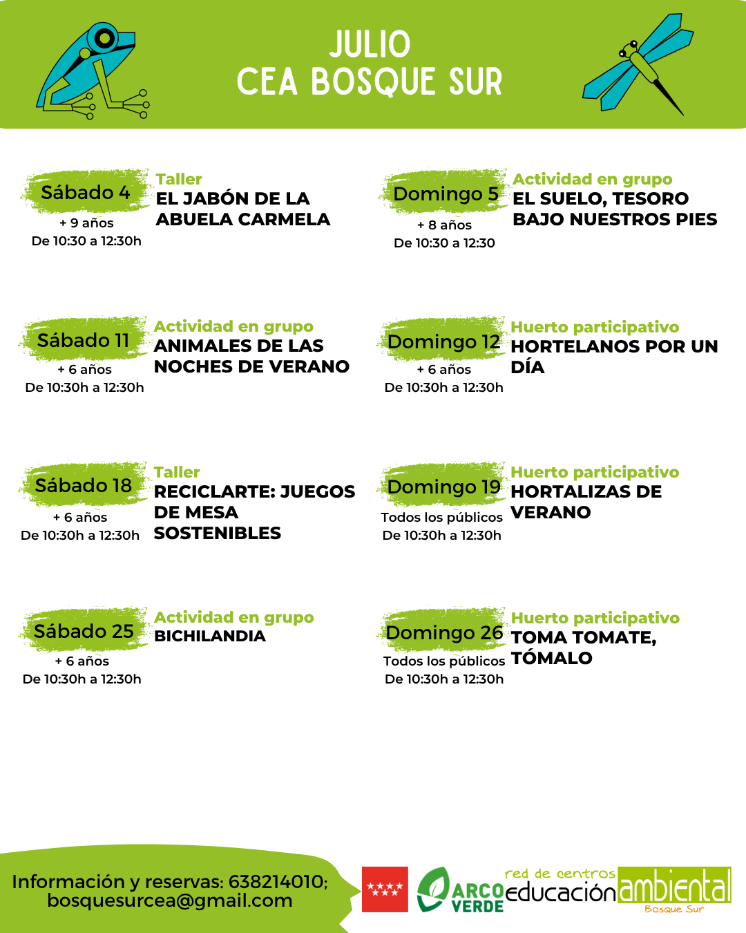 Actividades de fin de semana y festivos CEA Bosque Sur JULIO 2026